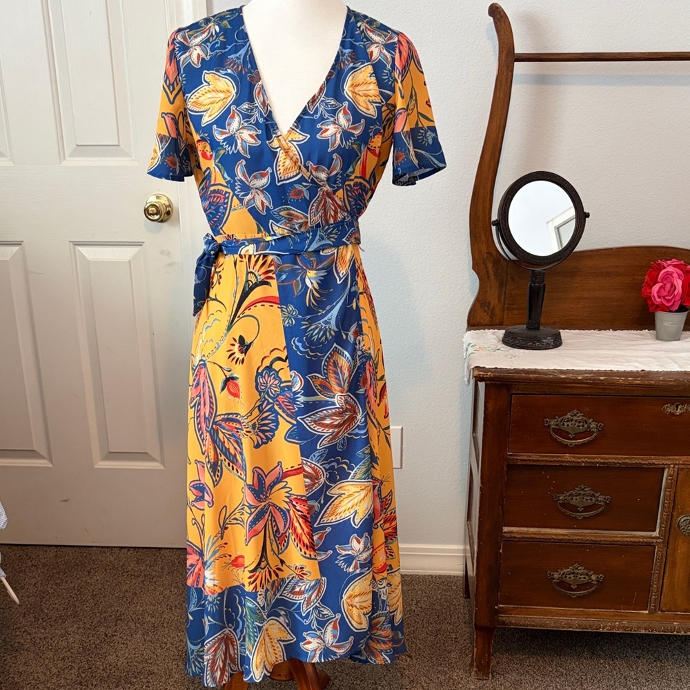 Lulu's Blue and Yellow Floral Midi Wrap Dress